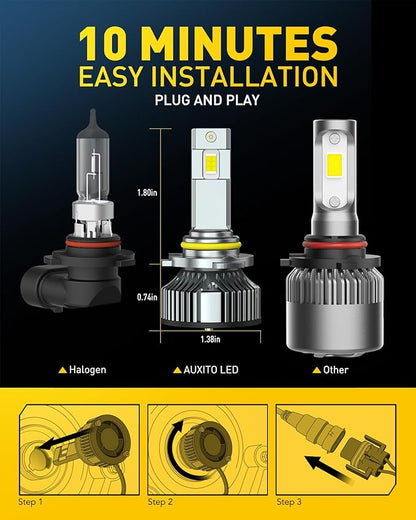 AUXITO 9006 Bulb - 900% Brighter 6500K White, Direct Fit Mini Size, Hassle-Free Plug & Play, Extended Lifespan, Flicker-Free Operation, Pack of 2