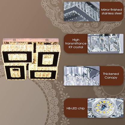 13.1'' Square Crystal Chandelier Light Modern Crystal Ceiling Light Flush Mount Ceiling Lamps for Dining Room Living Room Bedroom Hallway Warm White