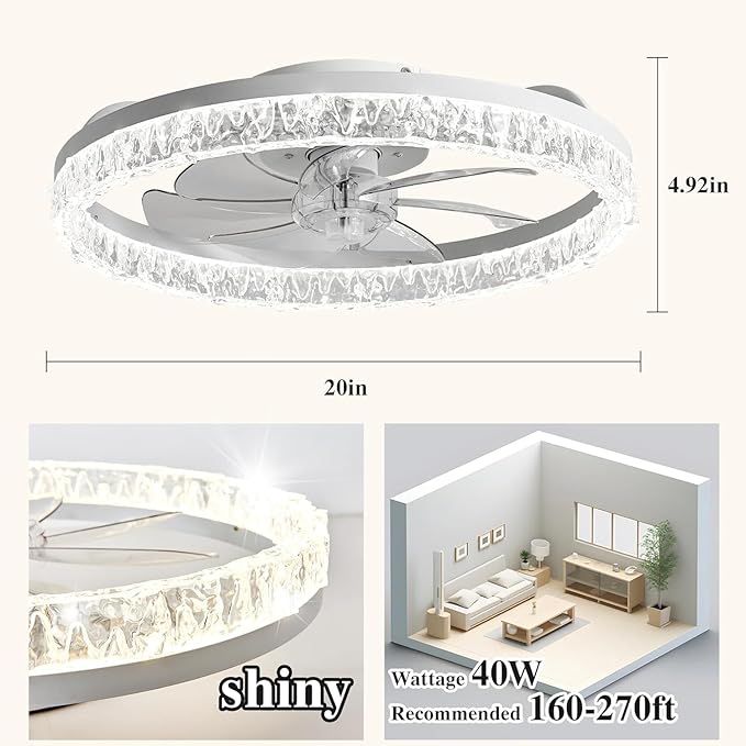 DIAMONDFORGE Ceiling Fans with Lights and Remote Fandelier - 20" Flush Mount Low Profile Modern Ceiling Fans for Bedroom - Stepless Color Temperature and 6 Speeds, White Irregular Crystal