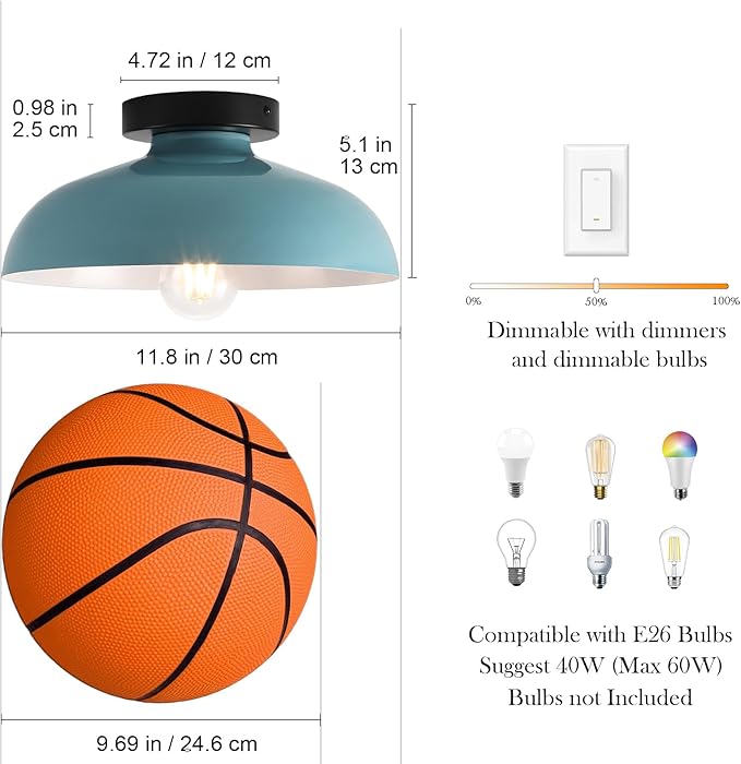 Semi Flush Mount Ceiling Lights, 12 Inch Metal Small Ceiling Light for Kids Room Industrial Close to Ceiling Light Fixtures with Light Blue Shade for Entryway Kitchen Hallway Bedroom Bathroom Laundry