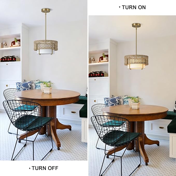 12.6" Rattan Pendant Light, 1-Light Boho Chandelier Light Fixture with Fabric Shade, Wicker Hanging Ceiling Lighting Fixture for Dining Room, Living Room, Kitchen Island, Bedroom, Hallway, Foyer