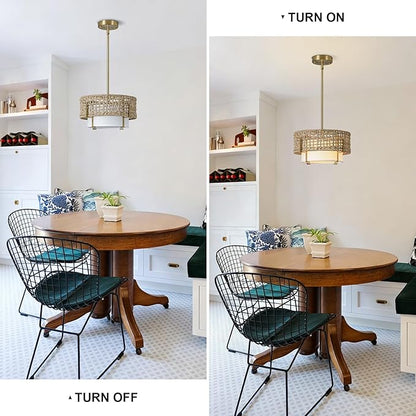 12.6" Rattan Pendant Light, 1-Light Boho Chandelier Light Fixture with Fabric Shade, Wicker Hanging Ceiling Lighting Fixture for Dining Room, Living Room, Kitchen Island, Bedroom, Hallway, Foyer