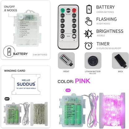 suddus Pink Fairy Lights Battery Operated Outdoor Waterproof, 33ft 100 Led String Lights with Remote, Twinkle Lights for Bedroom, Dorm, Tapestry, Christmas, Party Decorations