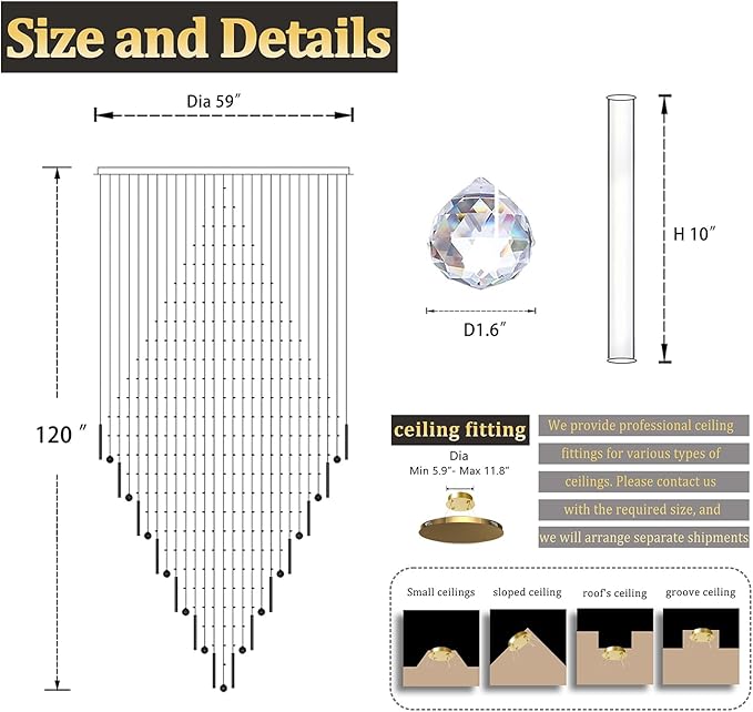 Flashing God D59''X H120'' Extra Large Chandelier for High Ceilings Crystal Raindrop Chandeliers Large Chandelier for Villa Entrance Foyer LED Dimmable Black Large Light Fixture