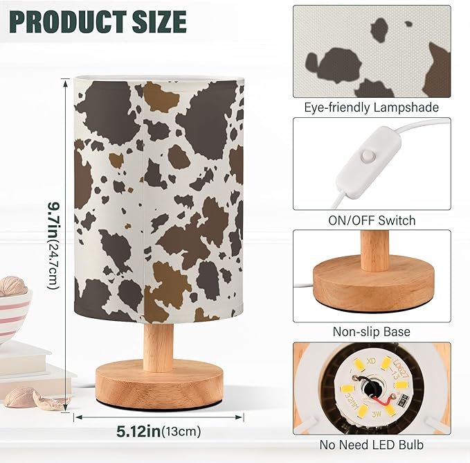 Table Lamp Cow Skin Brown Cowhide Pattern Nightstand Lamp with Wood Base Fabric Lamp Shade Bedside Desk Lamp for Living Room Bedroom Kids Room Office