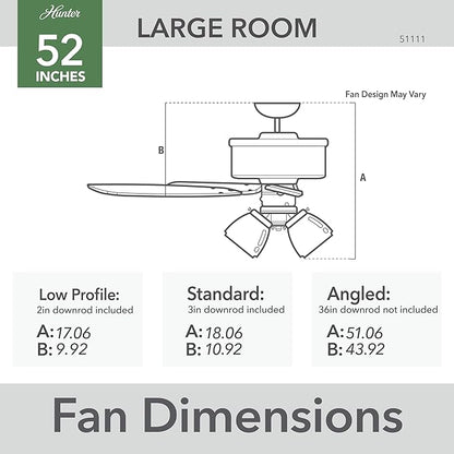 Hunter 52 inch Indoor Ceiling Fan with LED Lights - Ceiling Fan with Pull Chain, For Bedroom or Living Room, Standard Mount, No Remote, 5 Blades, Includes Bulbs - Builder Plus 51111, Brushed Nickel