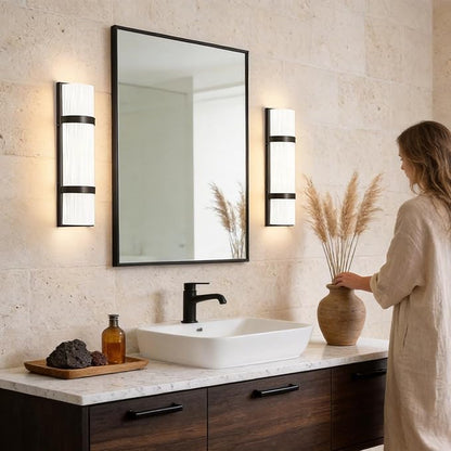 LED Bathroom 16 Inch Vanity Lighting Fixtures | CRI 90 4000K Matte Black Wall Sconces Set of Two with White Frosted Glass Lamp Shade | 120V 15W 1200LM Dimmable with Dimmer Switch(not Included)
