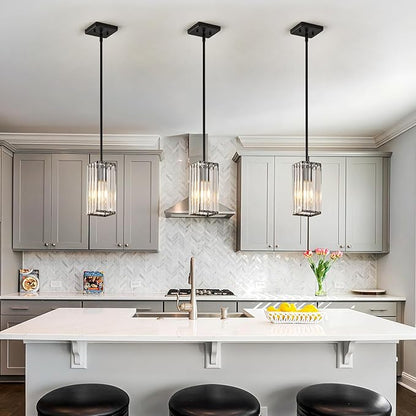 Modern Crystal Pendant Lights Kitchen Island, 3-Pack Black Hanging Light with Clear Crystal Shade, Adjustable Height Pendant Lighting for Kitchen Island Dining Room Bedroom Bar Entryway