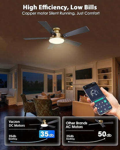 52 Inch Low Profile Gold Ceiling Fan with Lights, Modern Black and Gold Ceiling Fans with Remote/APP for Indoor Bedroom, Flush Mount, 12.2'' Large 3CCT LED Light Panel, 6-Speed Quiet DC Motor
