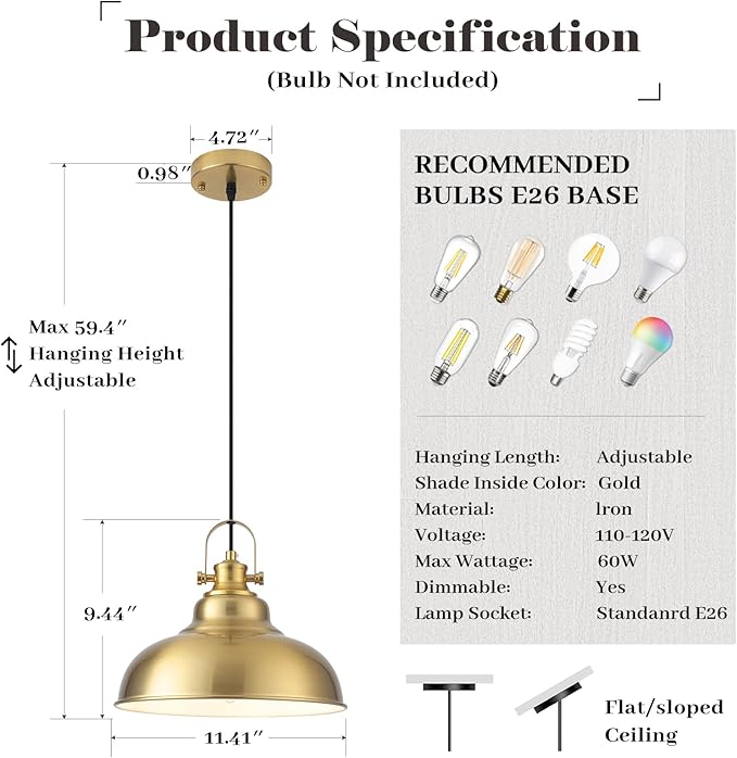Gold Dome Pendant Light, Gold Pendant Light Kitchen Island 3 Pack, 11.41 Inch Farmhouse Pendant Lights, Hanging Light Fixture for Kitchen Island, Dining Room, Living Room
