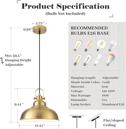 Gold Dome Pendant Light, Gold Pendant Light Kitchen Island 3 Pack, 11.41 Inch Farmhouse Pendant Lights, Hanging Light Fixture for Kitchen Island, Dining Room, Living Room