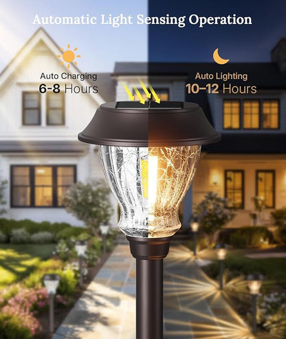 XMCOSY+ Solar Pathway Lights Outdoor, 6 Pack Decorative Crackled Glass Garden Lights, Soft Warm White Glow, Auto On/Off LED Waterproof Landscape Lighting for Yard Walkway Patio