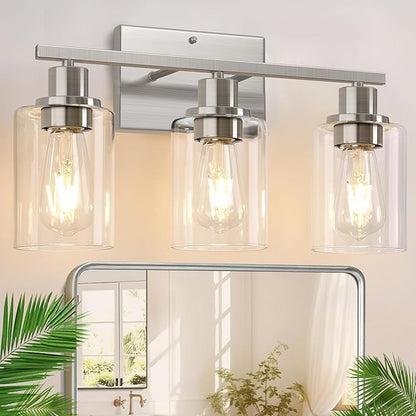 Indoi 3-Light Bathroom Light Fixtures, Brushed Nickel Vanity Lights with Clear Glass Shades, Modern Bathroom Wall Lamp for Mirror Living Room Cabinet Bedroom Porch