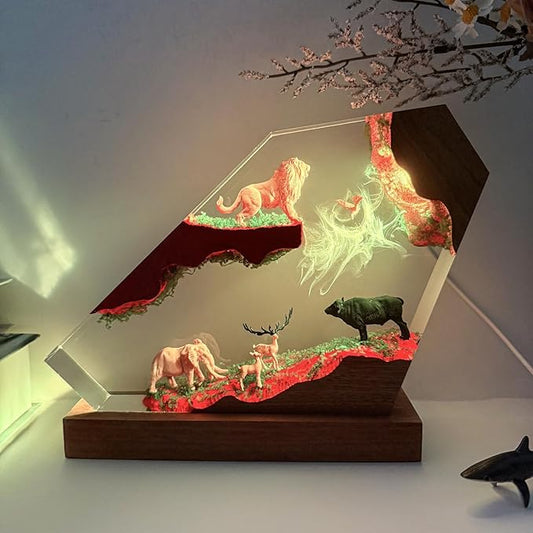 Handmade 3D Lion Resin Lamp,The King of The Forest Figurine Lamp, Animals Resin Night Light with RGB LED Light, Home Office Decor, Unique Anime Gifts for Him Her Kids on Birthday Holiday (8" x 5")