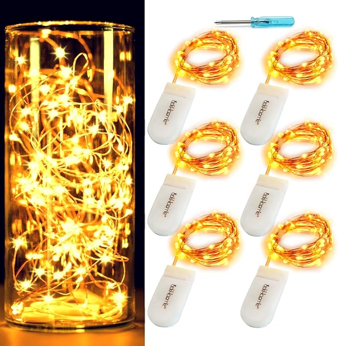 6-Pack 7Ft Starry String Light No Remote Fairy String Lights 20 Micro Starry LEDs On Copper Wire CR2032 Batteries Included,DIY Wedding Centerpiece,Party,Christmas Table Decor (Amber)