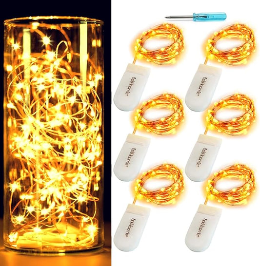 6-Pack 7Ft Starry String Light No Remote Fairy String Lights 20 Micro Starry LEDs On Copper Wire CR2032 Batteries Included,DIY Wedding Centerpiece,Party,Christmas Table Decor (Amber)