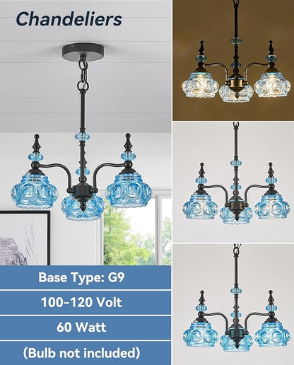 Blue 3-Light Pendant Light Fixtures Black Lights Victorian Vintage Celing Pendant Fixtures for Kitchen Island Bedroom Restrant