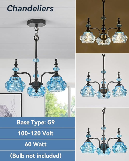Blue 3-Light Pendant Light Fixtures Black Lights Victorian Vintage Celing Pendant Fixtures for Kitchen Island Bedroom Restrant