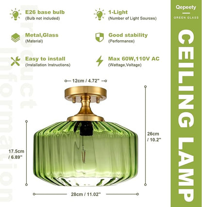Mid-Century Modern Gold Flush Mount Ceiling Light Fixtures, Green Close-to-Ceiling Gold Chandelier for Entryway, Hallway, Porch, Corridor, Bedroom