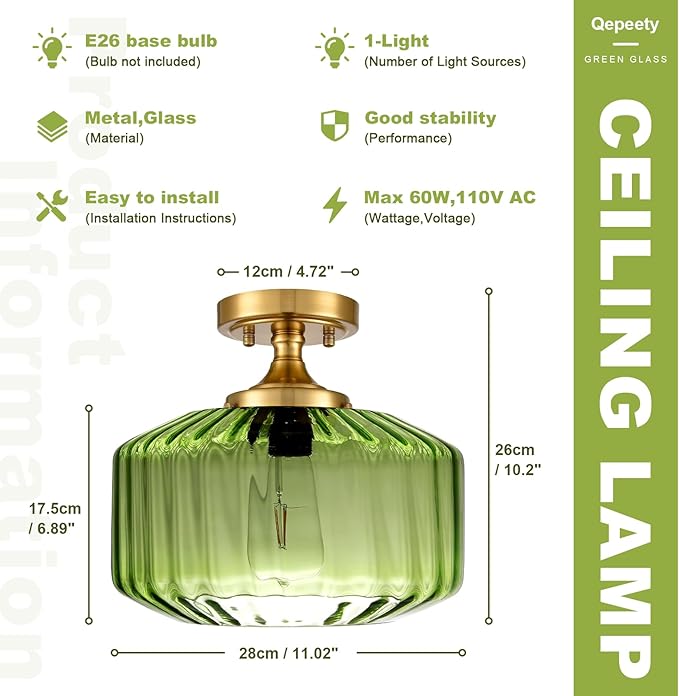 Green Semi Flush Mount Ceiling Light Fixture Vintage Antique Brass Flush Mount Overhead Light Glass Gold Chandelier for Farmhouse Closet Entryway Bathroom