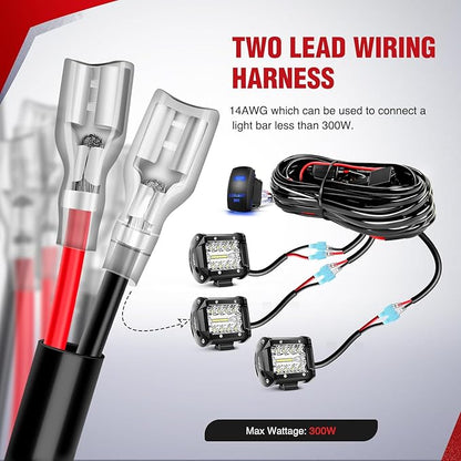 Nilight 14AWG LED Light Bar Wiring Harness Kit 12V On Off 5Pin Rocker Switch Laser Waterproof Toggle Switches Power Relay Blade Fuse for Work Lights Cars Boat ATV Trucks-3 Leads, Bule