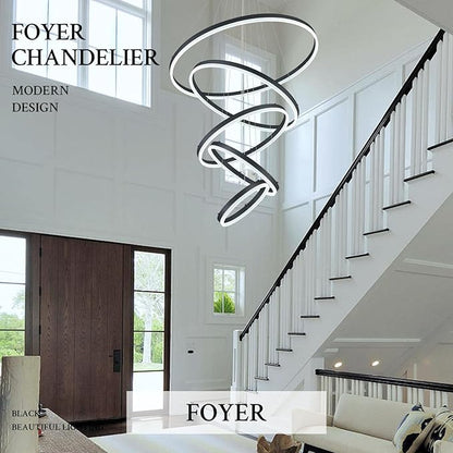 5-Rings D31.5’’ Modern LED Chandelier Black Dimmable High Ceiling Chandeliers Foyer with Remote Control for Entryway Living Room Dining Room Staircase, 3000K-6500K