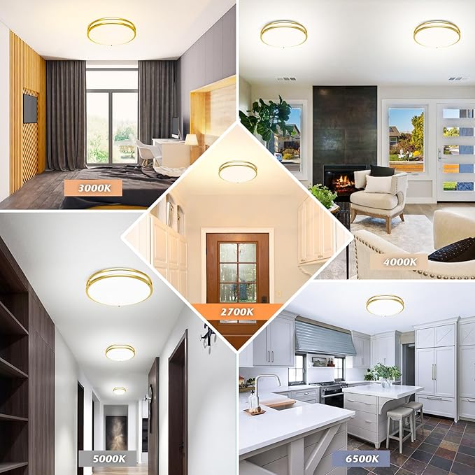 16 Inch LED Flush Mount Ceiling Light Fixture, Dimmable 5CCT Selectable 2700K Warm White-6500K Super Bright Daylight White, 50W 6000LM Round Gold Ceiling Lamps for Living Room Bedroom Kitchen, 2 Packs