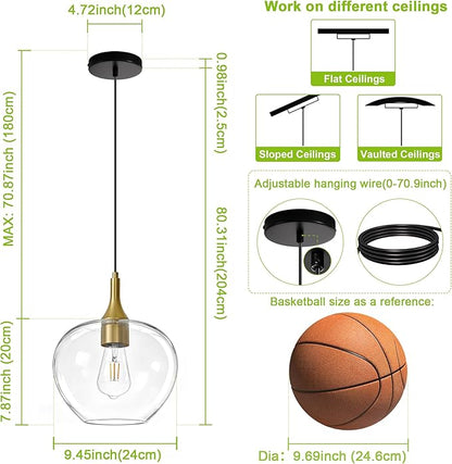 Glass Pendant Lights Kitchen Island, 9.45'' Black Gold Pendant Lighting Fixtures, Modern Hanging Ceiling Light with Clear Glass Shade for Farmhouse Dining Room Bedroom Hallway(1 Pack)