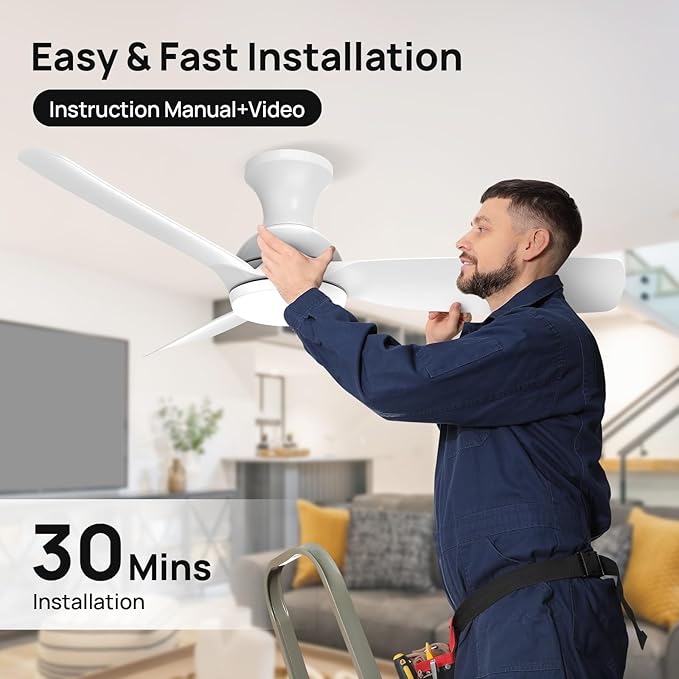 Consciot Ceiling Fan, 44 Inch Ceiling Fan With Lights Remote Control, White Low Profile Modern Flush Mount, Reversible Quiet DC Motor, 6 Speed, Dimmable, For Indoor and Covered Outdoor