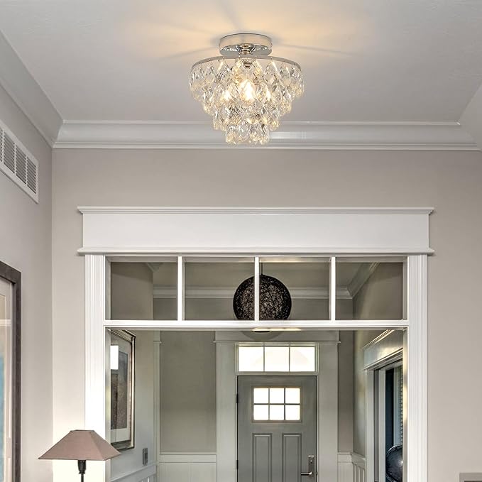 Luupyia Mini Crystal Chandelier Ceiling Light Small, Modern Crystal Ceiling Light for Hallway Fixtures Semi Flush Mount Silver Chandelier for Bedroom Hall Living Room Hallway