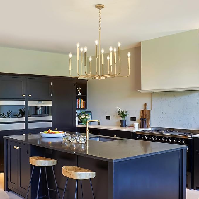 Modern Gold Chandelier for Dining Room,Metal 12-Light Kitchen Light Fixtures, Farmhouse Candle Hanging Pendant Light for Living Room Entryway Foyer Bedroom (Bulbs Not Included)
