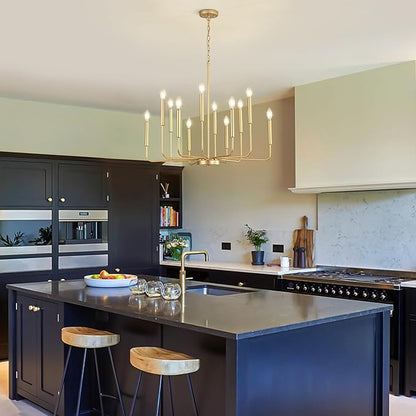 Modern Gold Chandelier for Dining Room,Metal 12-Light Kitchen Light Fixtures, Farmhouse Candle Hanging Pendant Light for Living Room Entryway Foyer Bedroom (Bulbs Not Included)