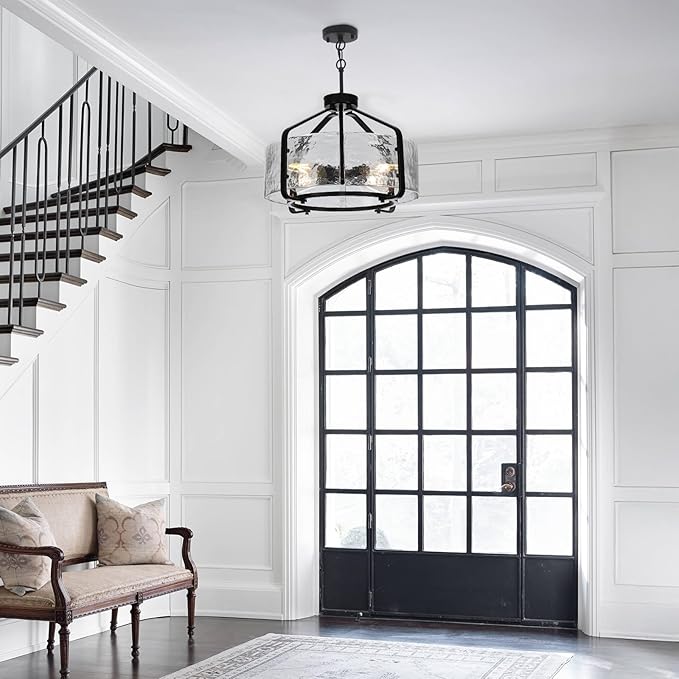Luupyia 17.7 Inches Glass Drum Chandelier Black, 4Lights Modern Glass Chandelier, Height Adjustable Drum Chandeliers Crystal Pendant Light Dining Room Kitchen Entryway Chandeliers for Foyer
