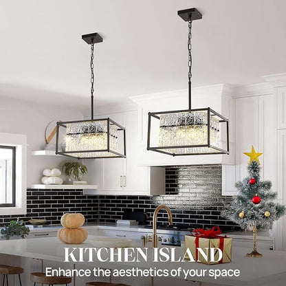 Modern Black Crystal Pendant Light for Kitchen Island, 4-Light Water Ripple Glass Chandelier, Adjustable Height Dimmable Hanging Fixture for Dining Room Bedroom Hallway Entryway