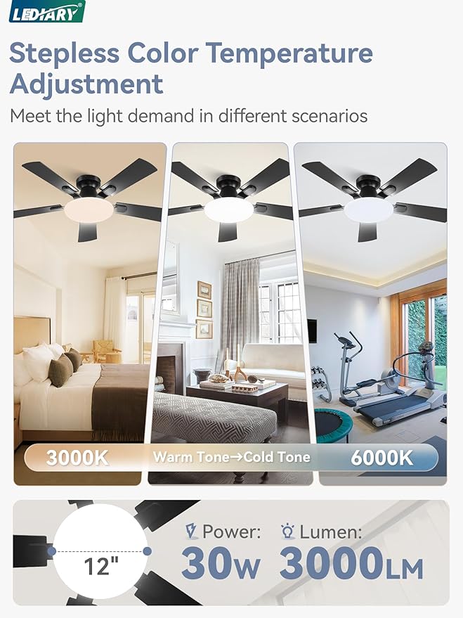 42 Inch Ceiling Fan with Lights and Remote, 30W 12" LED Panel Flush Mount Ceiling Fan, 6-Speed Quiet DC Motor Modern Low Profile Ceiling Fan with Reversible Blades for Bedroom, Bedroom, Patio