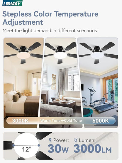 42 Inch Ceiling Fan with Lights and Remote, 30W 12" LED Panel Flush Mount Ceiling Fan, 6-Speed Quiet DC Motor Modern Low Profile Ceiling Fan with Reversible Blades for Bedroom, Bedroom, Patio