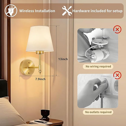 Battery Operated Wall Sconce Set of 2, Rechargeable Wireless Wall Lights with fabric Lampshade, 5200mAh Dimmable Bulbs with Remote,15 Colors Wireless Wall Lamps for Bedroom Living Room Hallway Decor