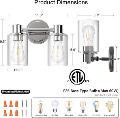 2 Light Bathroom Wall Sconce Light Fixtures with Clear Glass Bathroom Wall Lights Over Mirror Vanity Lights Chrome with E26 Base