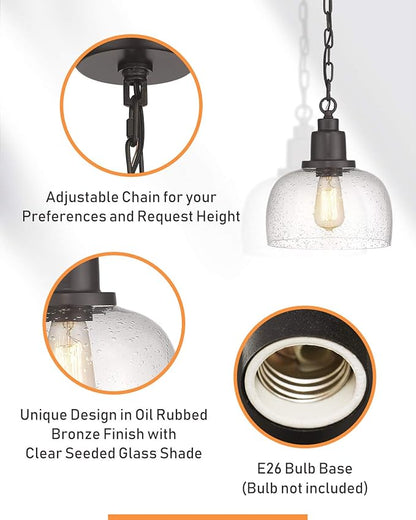 EAPUDUN 1-Pack Farmhouse Pendant Light, 1-Light Industrial Hanging Light Fixture with 9.3" Round Seeded Glass Shade, Dark Bronze Finish, Vintage Ceiling Lighting for Kitchen Island & Dining Room