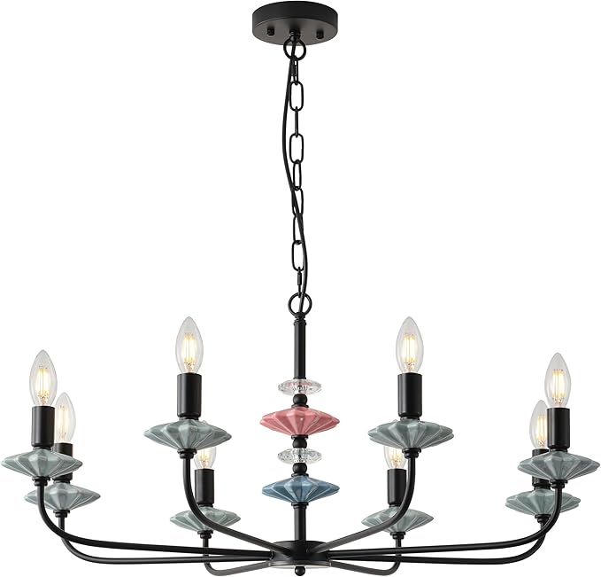 Black Chandeliers for Dining Room Light Fixture Over Table,8-Light Art Deco Chandelier, Modern Vintage Chandelier with Ceramic,Farmhouse Chandelier for Girls Bedroom,Living Room, Foyer