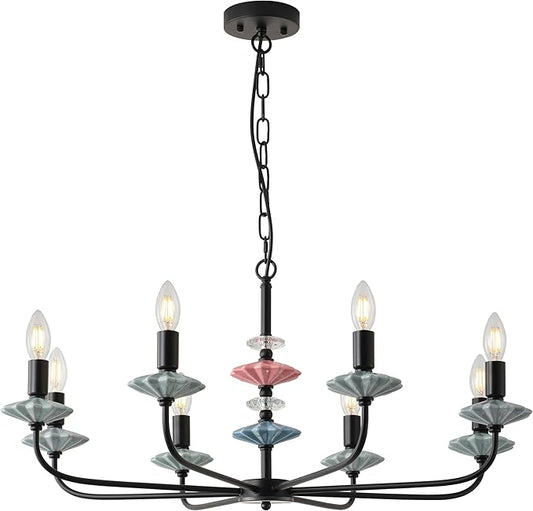 Black Chandeliers for Dining Room Light Fixture Over Table,8-Light Art Deco Chandelier, Modern Vintage Chandelier with Ceramic,Farmhouse Chandelier for Girls Bedroom,Living Room, Foyer