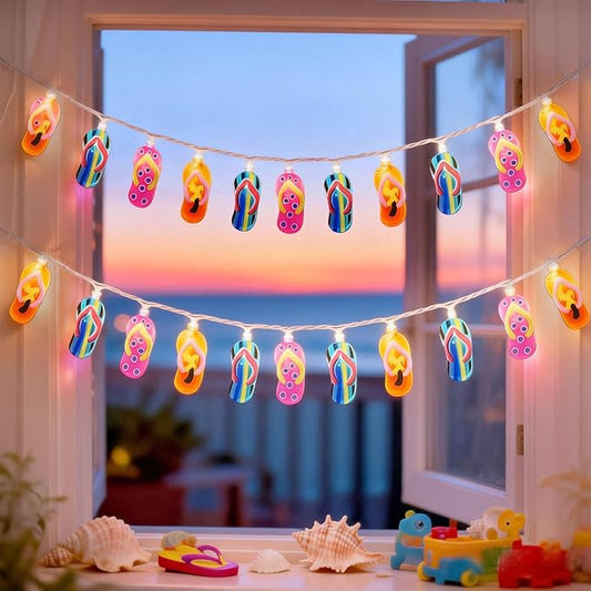 8.5Ft Summer Beach Themed Lights, 10L LED Flips Flops String Lights Plug in for Indoor and Outdoor Holiday Summer, Luau Aloha Hawaiian Tropical Party Décorations