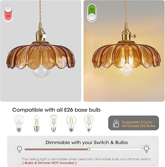 Glass Pendant Light Vintage Light Fixtures, Glass Pendant Lights Kitchen Island, Adjustable Hanging Light for Kitchen Island Dining Room Hallway (Dark Amber)