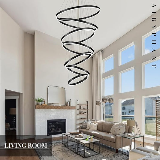 Modern LED Chandelier 7-Ring Chandeliers High Ceiling Black 31" Large Foyer Chandeliers Dimmable Luxury Contemporary Chandelier Light for Living Room Staircase Entryway, 3000K-6500K