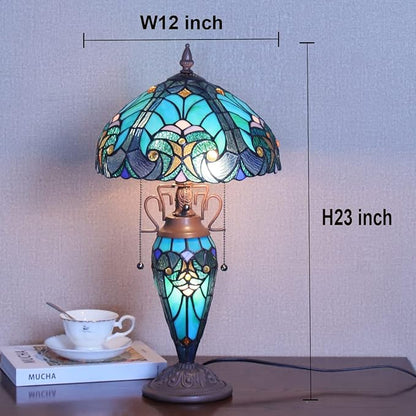 Tiffany Table Lamp with Nightlight Sea Green 3 Lights Stained Glass Desk Lamp for Reading Antique Nightstand Table Light for Living Room Bedroom Entryway