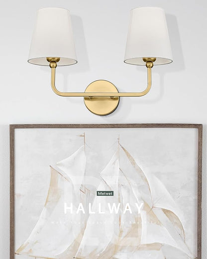 2 Light Bathroom Vanity Light, Brushed Gold Double Wall Sconce with Flared White Fabric Shade, Modern Sconces Wall Lighting for Hallway Bedroom Stairway, VL837-BG