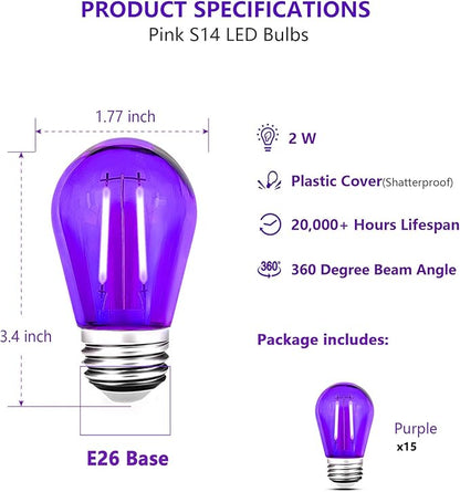 15 Pack S14 LED String Light Bulbs, Shatterproof 2 Watt Purple Replacement Bulbs for Outdoor String Light, Waterproof Decorative E26 Base Purple Filament Halloween Edison Lights, 120V