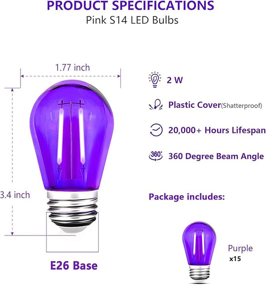 15 Pack S14 LED String Light Bulbs, Shatterproof 2 Watt Purple Replacement Bulbs for Outdoor String Light, Waterproof Decorative E26 Base Purple Filament Halloween Edison Lights, 120V