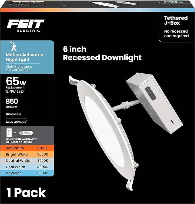 Feit Electric 6" Canless LED Recessed Downlight, 65-Watt Eq., Dimmable, Rechargeable Motion-Activated Night Light, Adjustable White, Low-Profile Design for Indoor/Outdoor Use, LEDR6XT/MOBAT/6WYCA