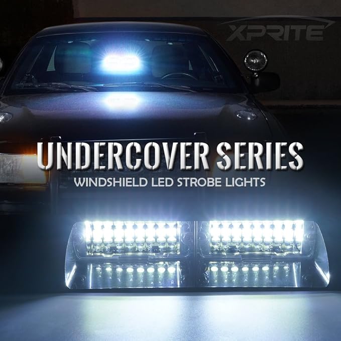Xprite White LED Emergency Dash Strobe Light, Interior Windshield Safety Warning Flashing Lights w/Suction Cups, 12V Windshield Visor Light Bar for Police Law Enforcement Volunteer Vehicles Trucks